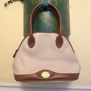 Liz Claiborne Vintage 90s Handbag Cream Brown Leather logo print rare